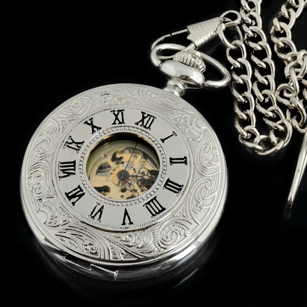 

Silver Case Roma Dial Hand Wind Mechanical Pocket Watch With Chain 38cm relogio de bolso PJX1074