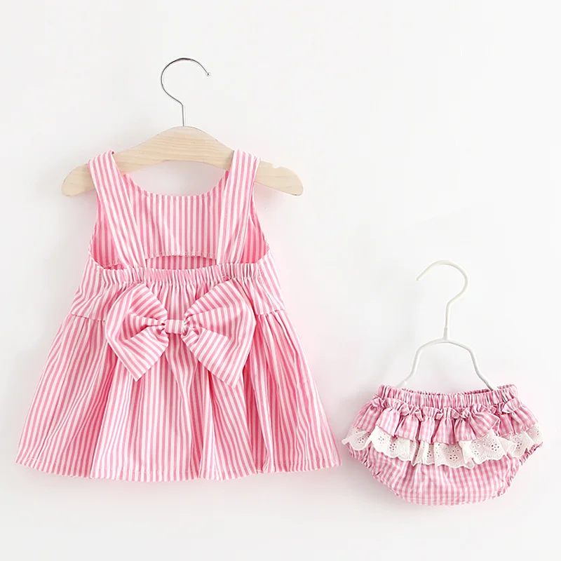 Roupas sem Mangas Vestido plus Briefs Conjuntos de Roupas de Verão Novo Bebê Recém nascido Meninas 2 Pcs Outfits Set Listrado Impresso Bonito Sunsuit 0 24 m 57 vestido + cuecas 2 pçs conjunto de
