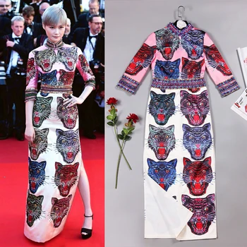 

New 2018 Spring cheongsam style luxurious nailed bead print dress woman