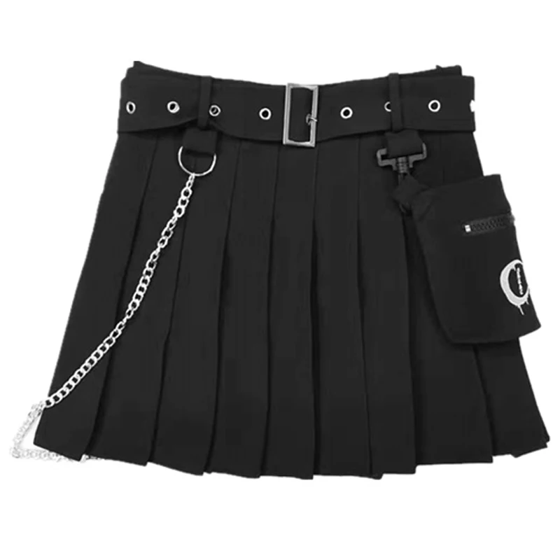 

New Punk Gothic Removable pocket chain buckle pure iron chain irregular pleated skirt stiff embroidered half-length skirt