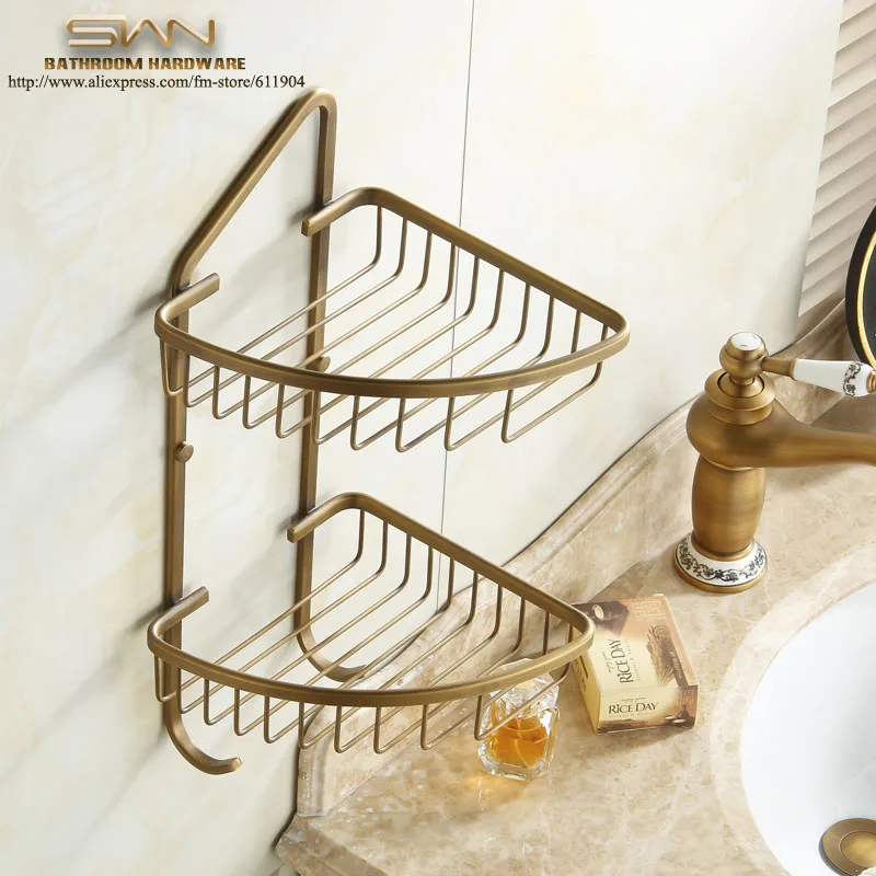 Antique Brass Bathroom Wire Corner Basket Shelf Double Layer With Two