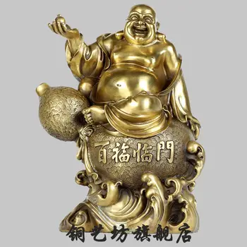

16" China Bronze Happy Maitreya Buddha Sit Gourd Hand Hold Bead Statue