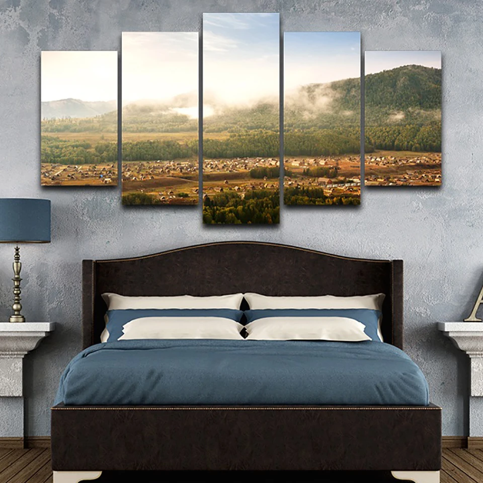 HD Printed Painting Home Decoration Posters 5 Panel Fog Villages Forest Landscape Modern Wall Art Pictures Frame Living Room