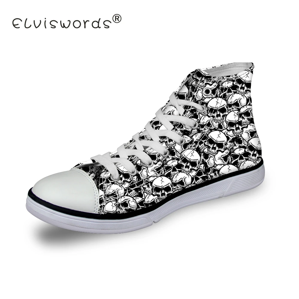 

ELVISWORDS Men Casual Canvas Shoes Punk Rock Harajuku Skull Head Student High Top Lace Up Teenager Boys Flats Adult Plimsolls