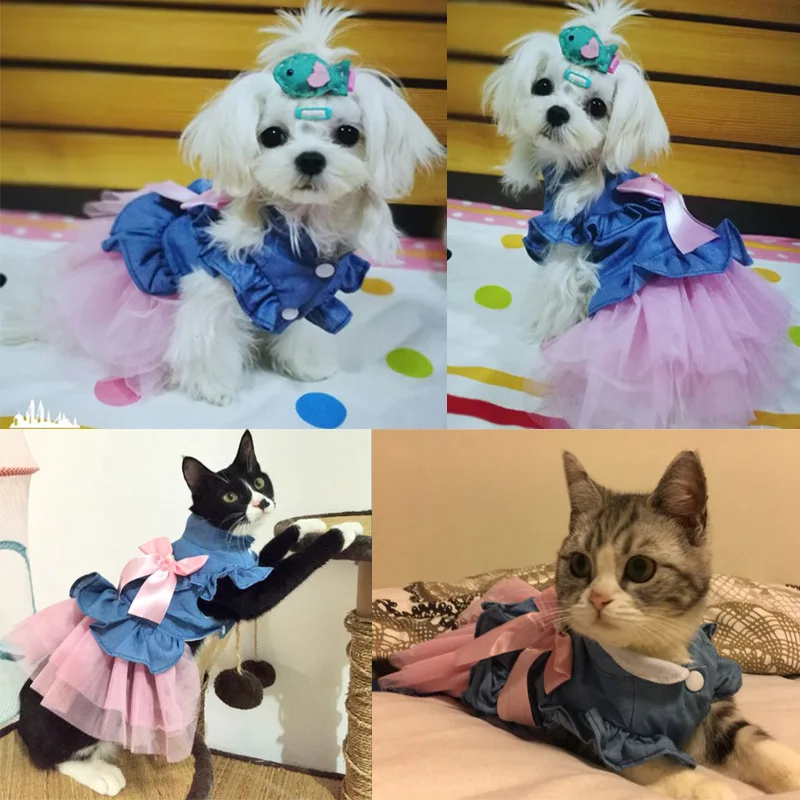 Одежда для домашних питомцев; кошки платье с милым бантом из джинсовой ткани маленькая собака, кошка, принцесса платье-пачка для щенков, чихуахуа, йоркширских терьеров, XS S M L XL XXL