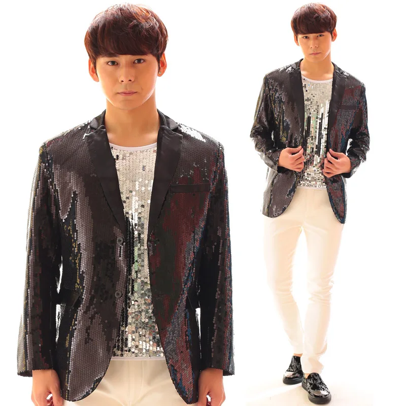 

Fashion Plus size Men's Sequins Slim Casual suit Personality Black Paillette Suit Costume Punk style stage Performance wear