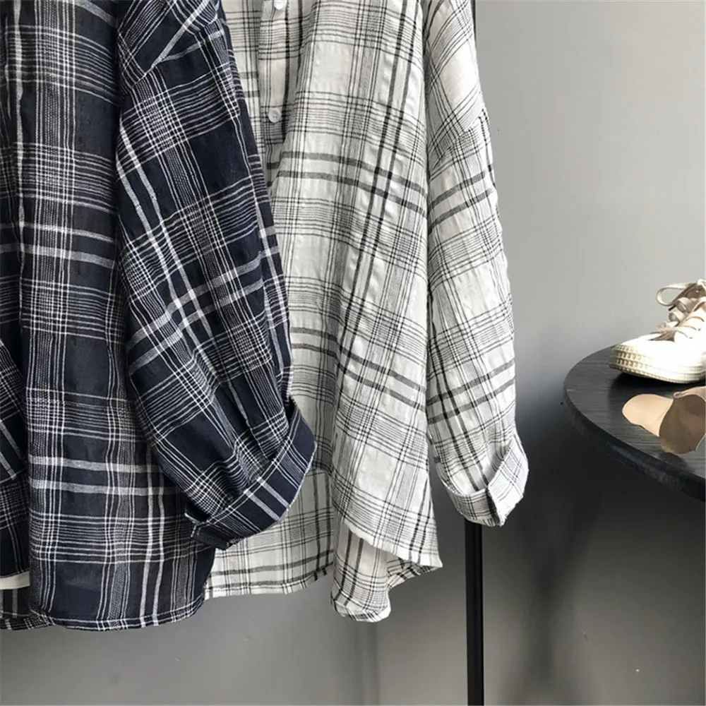  Wide Shoulder Plaid Women Blouses 2018 Autumn Linen Big Chest Plaid Shirts Loose Women Top Blusas Lantern Sleeve Clothing (9)
