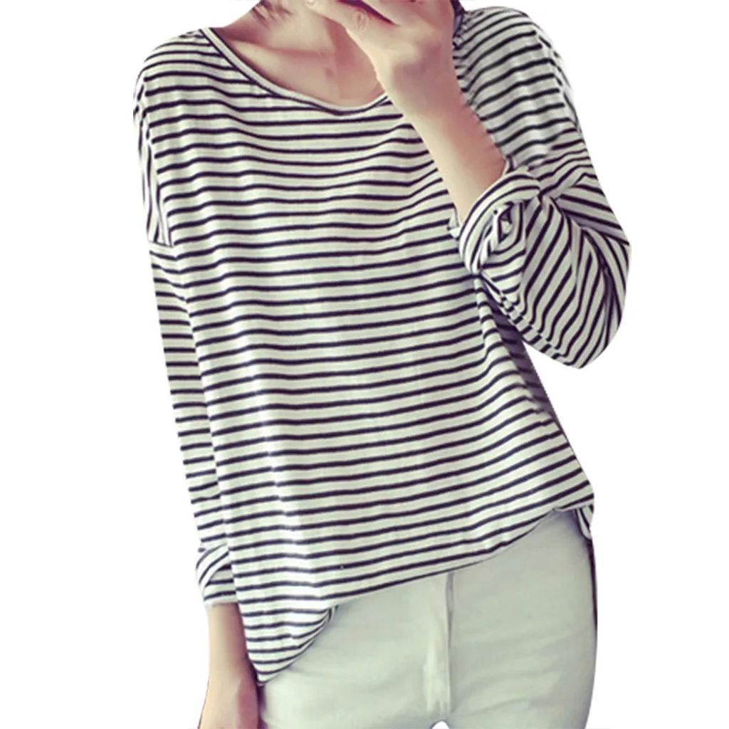 Women Blouse 2019  Fashion  Stripe Womens  Regular Long Sleeve  Round Neck T-shirt