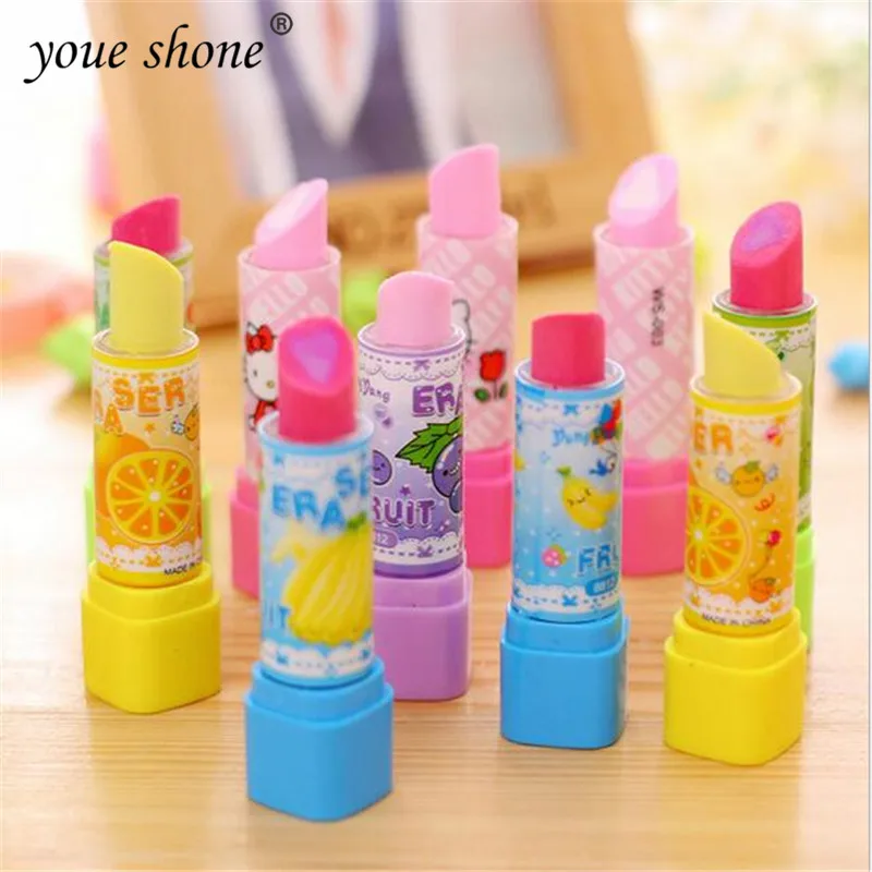 

1PCS lipstick styling pencils eraser Creative stationery cartoon fruit rubber erasers for student learning supplies