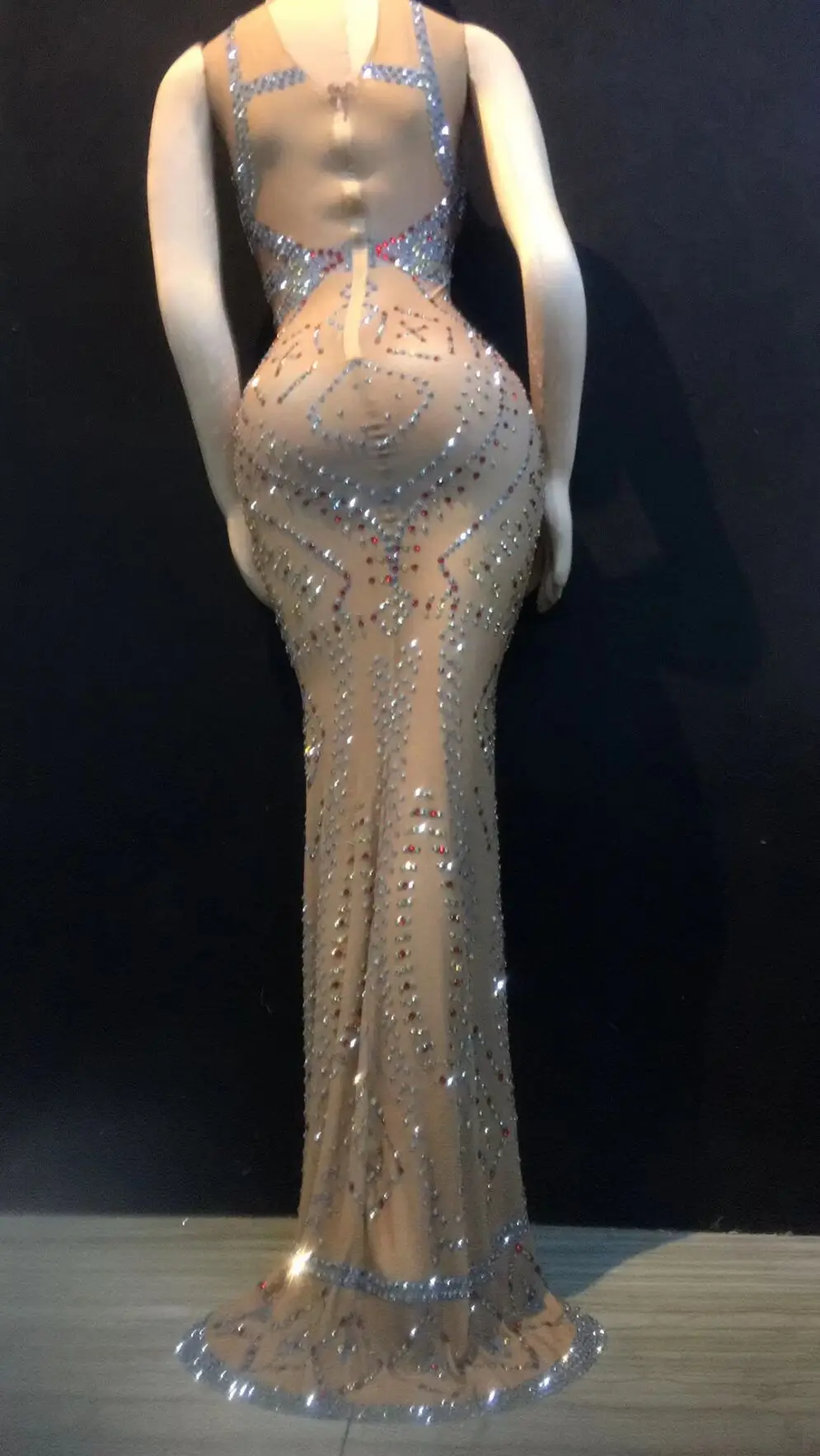 Блестящие Серебристые Стразы длинное платье сексуальное стрейч без рукавов, со шлейфом платье дамы певица звезда Выпускной вечерние праздничные костюмы