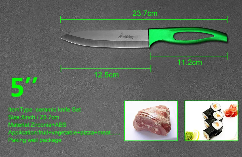 Керамический нож Anhichef, кухонный набор " 4" " дюймов, черное лезвие, зеленая ручка, кухонные ножи для очистки овощей и фруктов