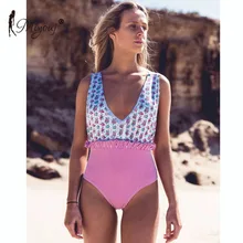 Miyouj пикантная обувь с бантом на ремешке Одна деталь купальник с оборками с цветочным принтом купальные костюмы V-Neck ванный комплект Для женщин полосатые Biquinis сплошной купальник-бикини