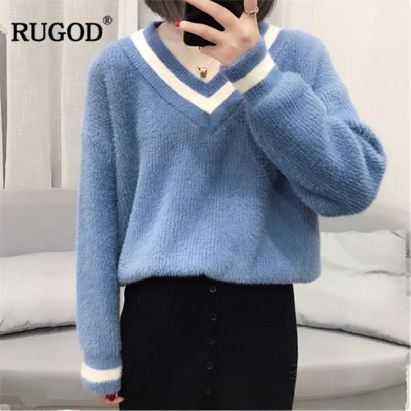 

RUGOD Fashion Fake 2 Pieces Turtleneck Cashmere Sweater Women Elegant V Neck Long Sleeve Thick Pullover Casual Jumpers Pull