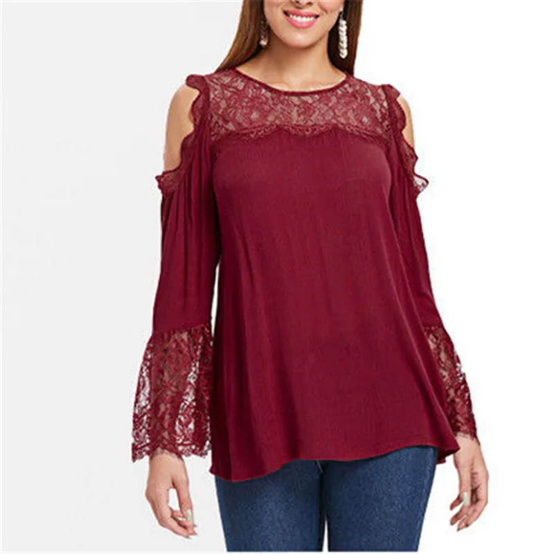 Size M 4XL Fashion Ladies Casual Plus Size Tops Wine Red Cold Shoulder Shirt Autumn Women Loose