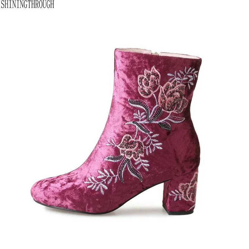 

Sexy embroider women ankle boots high heels ladies wedding shoes woman rouned toe flower autumn winter boots woman large szie 43