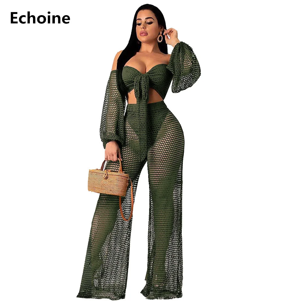 

Sexy Hollow Out Sheer Mesh 2 Piece Set Crop and Pants Off-shoulder Strapless Top Wide Leg Pants Club Outfit Elagant Party Set