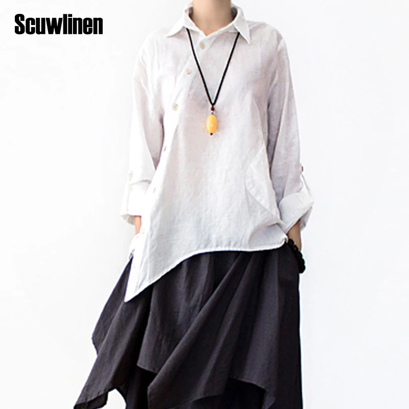 

SCUWLINEN 2019 Spring Summer Blouse Women Plus Size Asymmetry Design Solid White Linen Shirt Women Casual Loose Tops S197