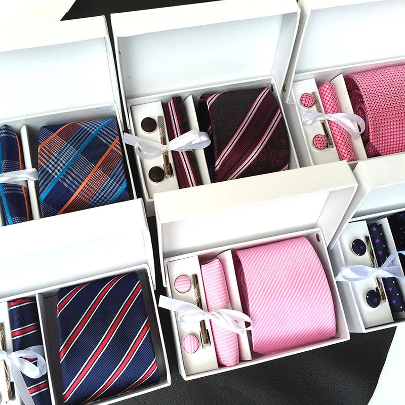 

2019 Classic Paisley Stripes Dot Flower Geometric Solid Jacquard Woven Silk Men's Tie+Cufflink+Hanky+Clips Box Set Necktie