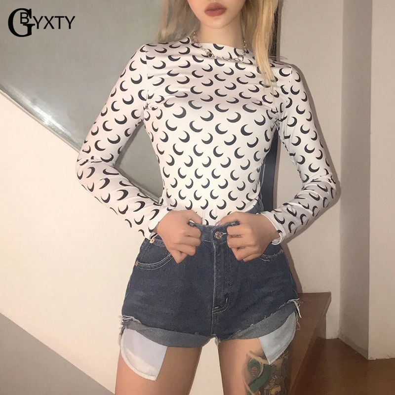 GBYXTY camiseta mujer, приталенная Базовая футболка с длинным рукавом, женская футболка с принтом полумесяца, лето-осень, Harajuku, футболка, ZA1531