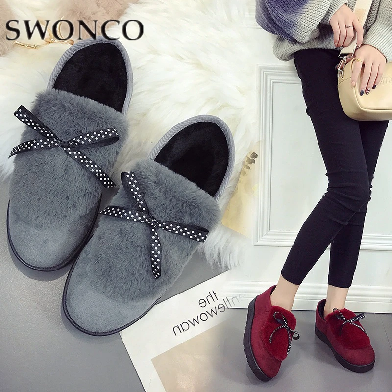 

SWONCO Loafers Shoes Women Plush Flats Oxford Sneakers Women Loafers Winter Warm Fur Snowboots Woman Moccasins 2019 Slip Ons