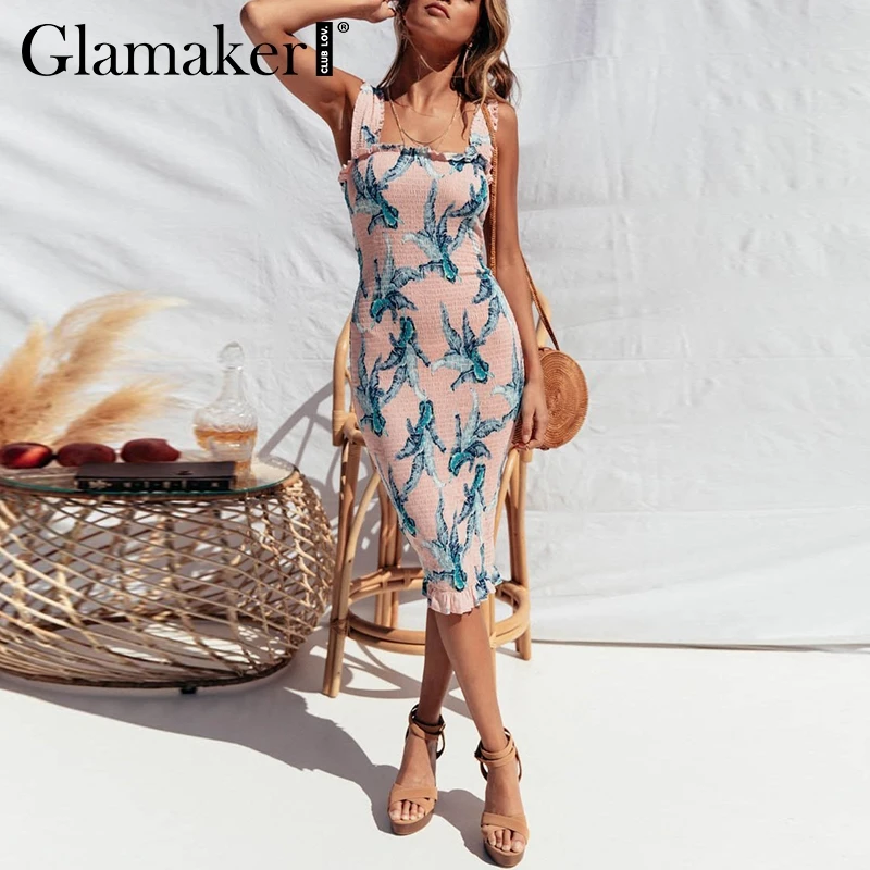 

Glamaker Boho floral ruffle beach black dress Women bodycon holiday casual long dress Summer sexy elegant party midi club dress