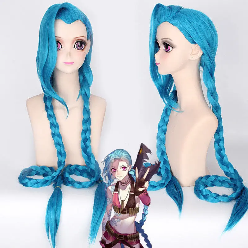 

Party Wig Costume Game Of LOL Jinx Blue Cosplay Synthetic Hair Wig 100cm