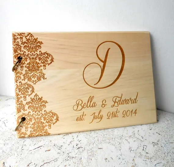 

personalized custom laser engraved guest book, damask pattern