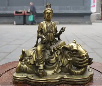 

5"Tibet Buddhism pure Brass Samantabhadra Kwan-Yin ride Elephant Buddha Statue