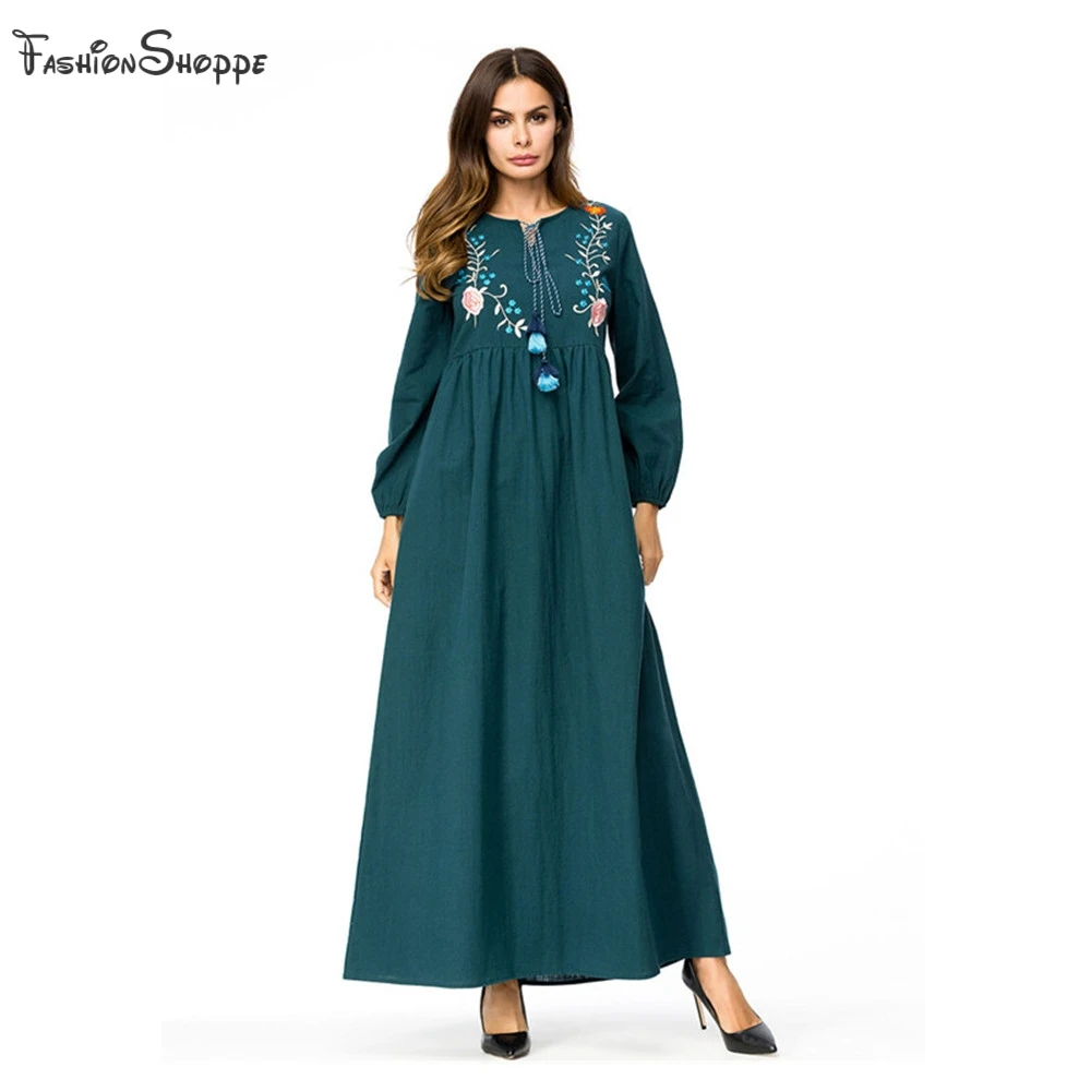 Элегантная мусульманская женская цветочная вышивка макси платье abaya
