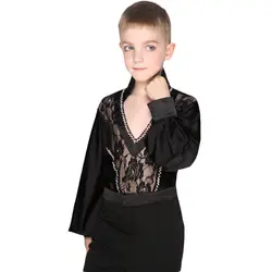 Дети Мальчики со стразами с длинным рукавом Sexy кружева латинский танец рубашка купальник Стадия конкурс Производительность Одежда для