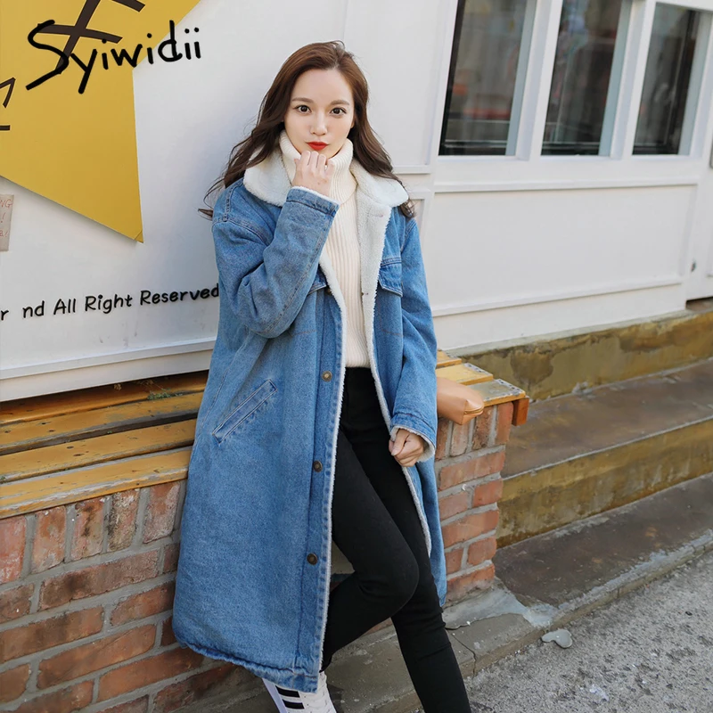 

Winter Female Long Jacket 2019 Winter Coat Lambswool Jean Coat Women Warm Woman Parka Outerwear Down Jacket Wide Denim Parka