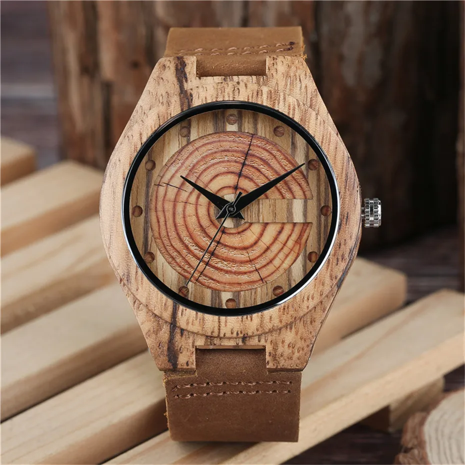 Creative Brown Bamboo Growth Ring Natural Handmade Men Quartz Wrist Wooden Watches Genuine Leather Band Sports Clock Gifts (12)
