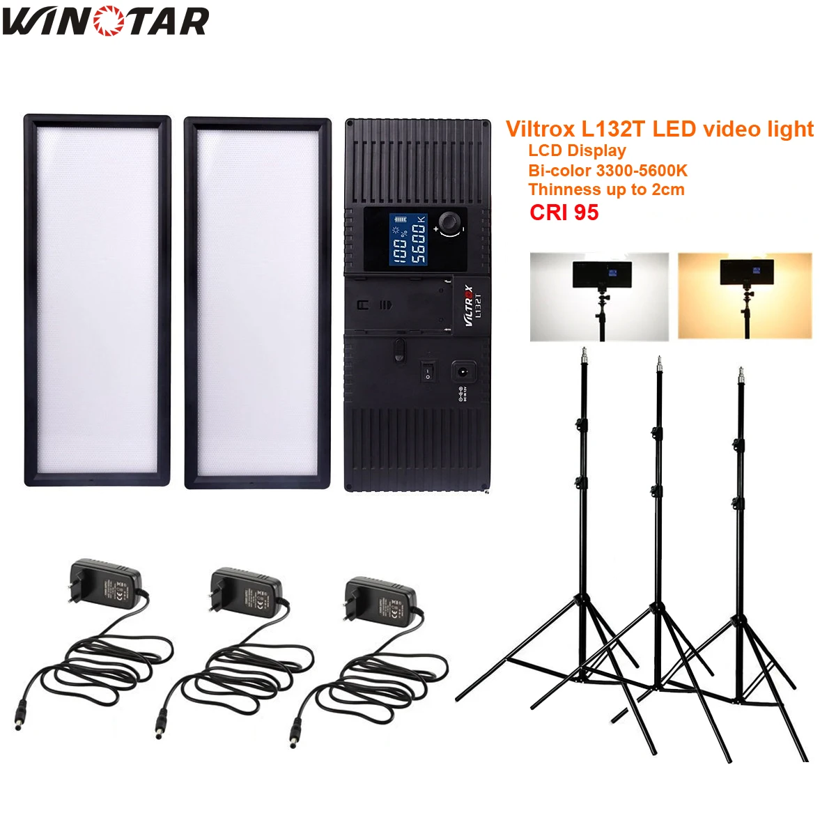 

3x Viltrox L132T Bi-Color Dimmable LED Video Light + Light Stand + AC Adapter for DSLR Camera Studio LED Lighting Kit