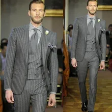 Серая полосатая одежда для жениха на заказ Мужские свадебные костюмы из трех частей(куртка+ брюки+ жилет