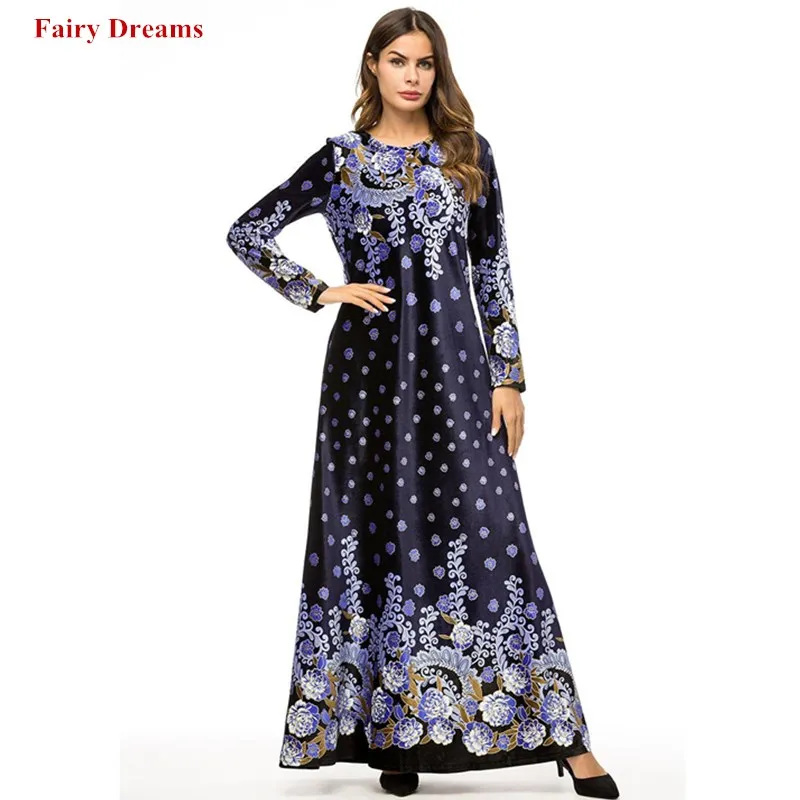 

Velvet Abaya Dubai Women's Plus Size Clothing Long Sleeve Muslim Dress Kaftan Turkish Blue Islamic Lady Maxi Dresses Print Robe