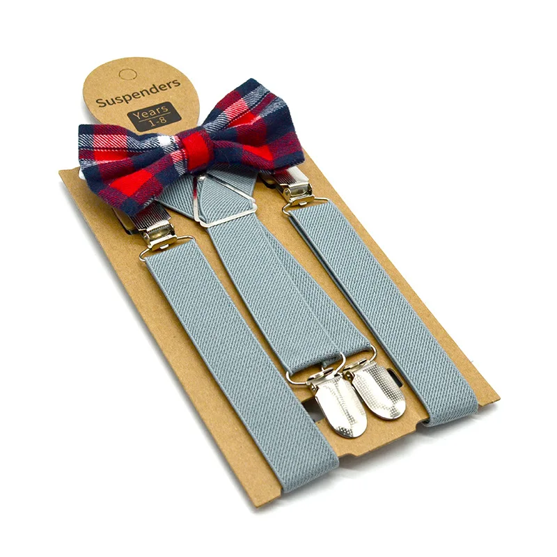 SHOWERSMILE Blue Kids Suspenders with Bow Tie Leather Children Braces British Style Wedding Red Gray Solid Boys Suspenders 65cm - Цвет: light gray