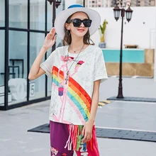 Летний Harajuku с модным принтом кисточкой короткая куртка тонкая футболка Женская chic дамы футболка с короткими рукавами