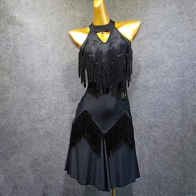 Платье для латинских танцев, женское, без рукавов, с открытой спиной, с кисточками, для выступлений, Профессиональные платья, для взрослых, одежда для сцены, женские костюмы, DN3369 - Цвет: Black