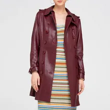 Классический цвет красного вина Для женщин куртка Пояса из натуральной кожи замши длинная куртка с погон Chaquetas de Cuero Mujer кожаная куртка