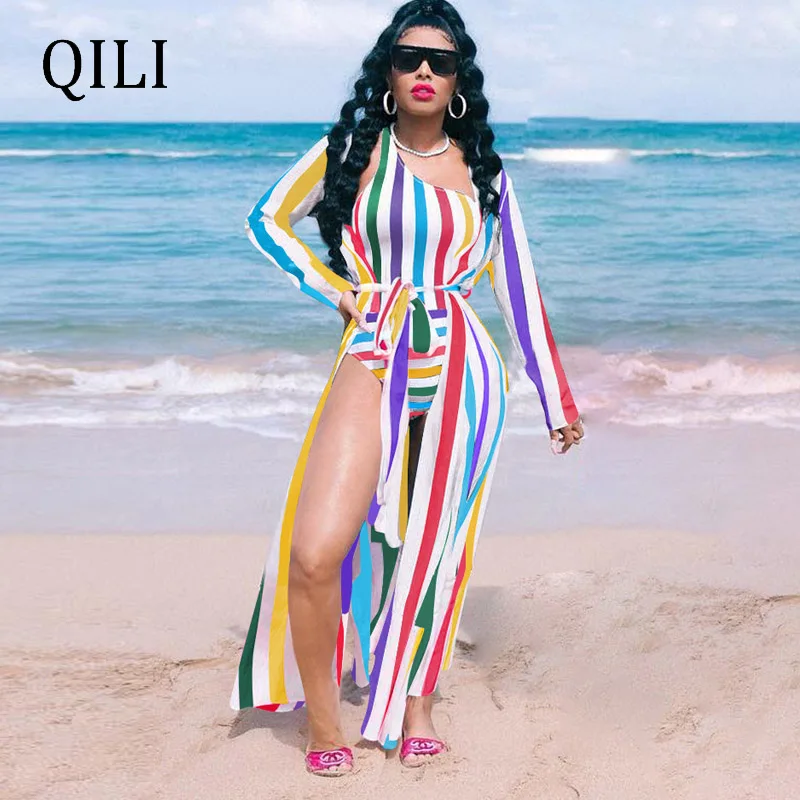 QILI, летние новые пляжные боди, комплекты из двух частей, женские комбинезоны в полоску с принтом, боди+ длинные рукава, комплекты кимоно, Комбинезоны - Цвет: Многоцветный