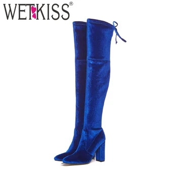 

WETKISS Pleuche Over The Knee Women Boots Round Toe Footwear Cross Tied Female Stretch Boot High Heels Shoes Women 2018 Black