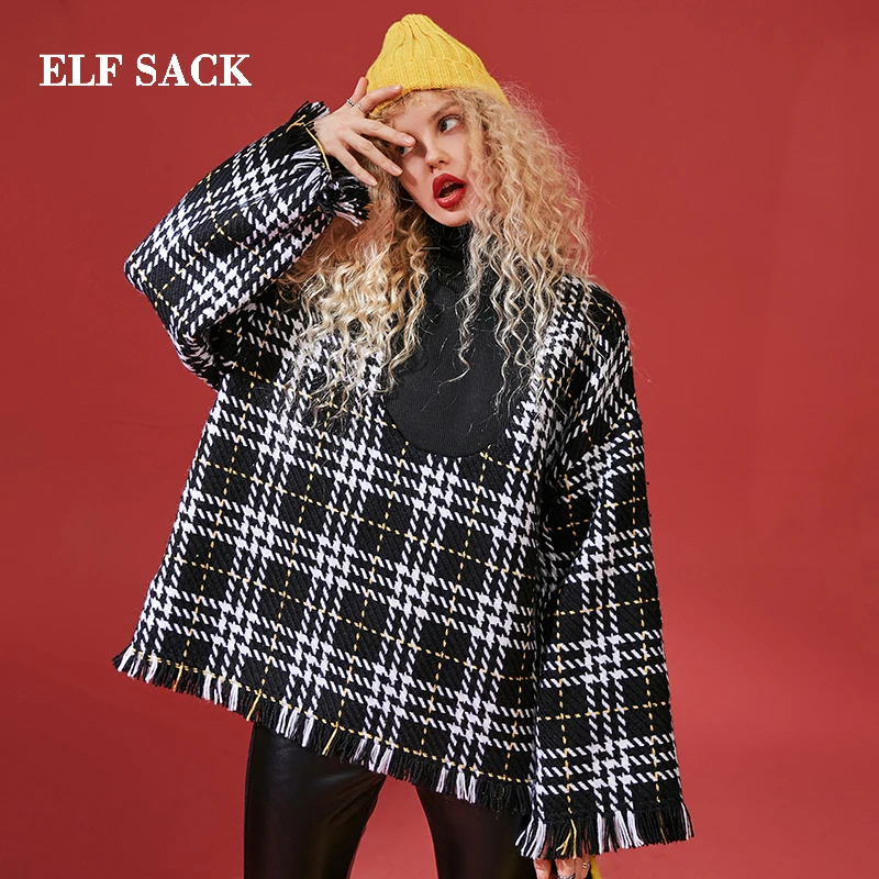 ELF SACK New Chic Wool Jackets Full Plaid Wide waisted Casual Blends