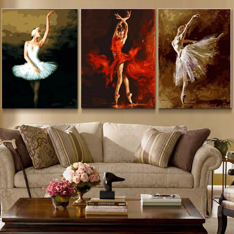 Günstige 3 Teile satz Wandkunst Malerei Durch Zahlen DIY Ölgemälde Handgemalt Auf Leinwand Kunst Abstrakten Ballett Tänzerin