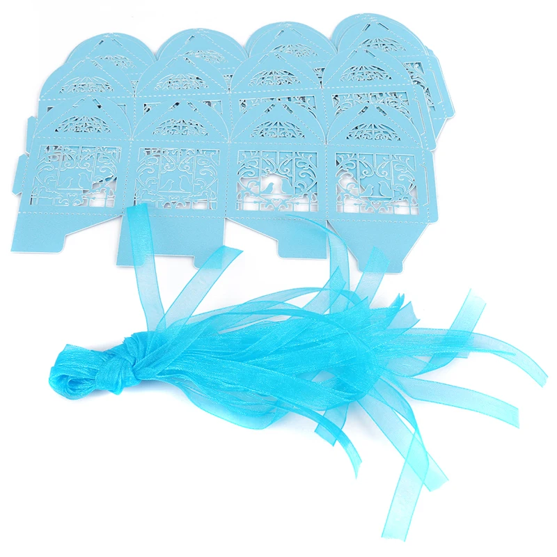 10pcs Romantic Wedding Decoration Favor Hollow Cut Mini Bird Cage DIY Candy Cookie Gift Boxes With White Ribbon - Цвет: sky blue