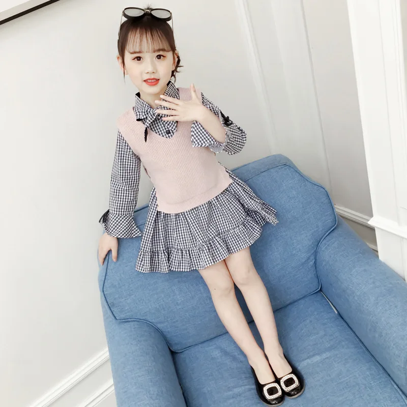 Blue skirt set Детский свитер с роговыми рукавами для девочек, жилет, клетчатая юбка, комплект-двойка - Цвет: Blue skirt set