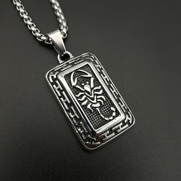 

High-quality Hiphop Biker Retro Design Men's Black Military 316L Stainless steel Black Tag Silver Tone Scorpion Pendant Necklace