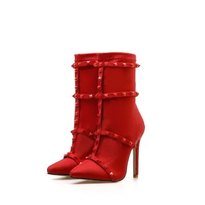 Femmes Nouvelle Mariée Tissu Pointues Élastique De Rivets Courtes Printemps Rouge Chaussures Bottines Hauts Talons OqZHdx6