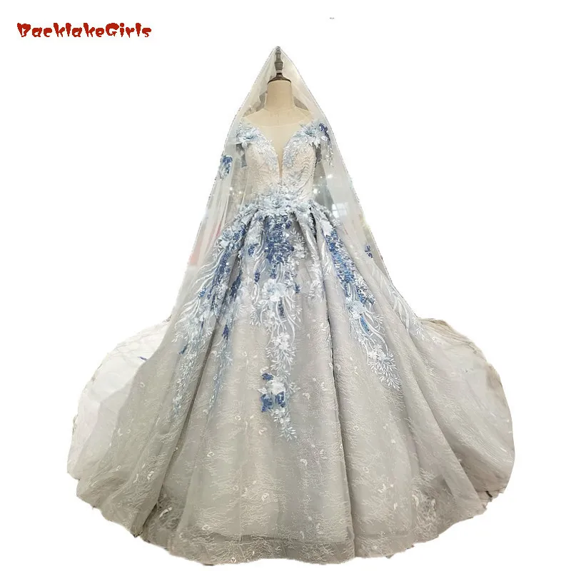 

2018 Arabic Long Sleeves Luxurious Prom Dresses Long Evening Dresses Vestido De Noiva Gray Beaded Lace Tulle Prom Party Dress