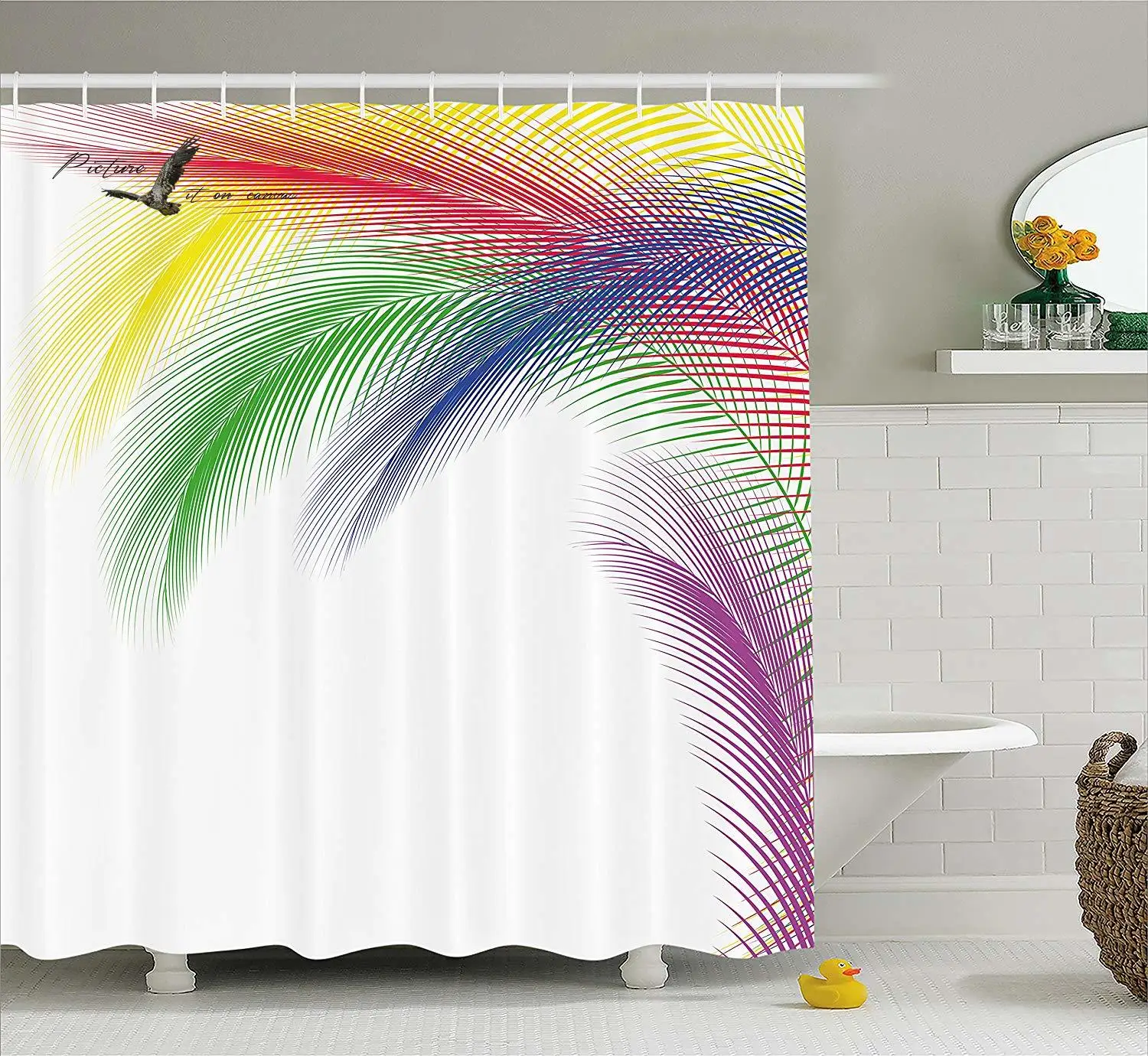 

Colorful Home Decor Shower Curtain by Digital Exotic Peacock Feathers in Contrast Color Style Glamour Graphic Art Fabric Bath