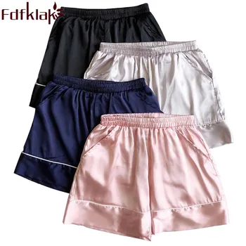 

Fdfklak Summer 2018 Sleeping Shorts Women Faux Silk Lounge Pants Pajama Pyjama Trousers Women Black/Blue Sleep Bottoms Q1112